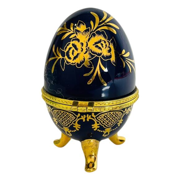 VTG Porcelain EGG TRINKET BOX Hinged LG 4” Cobalt Blue Gold Footed Ring Holder - Picture 3 of 7